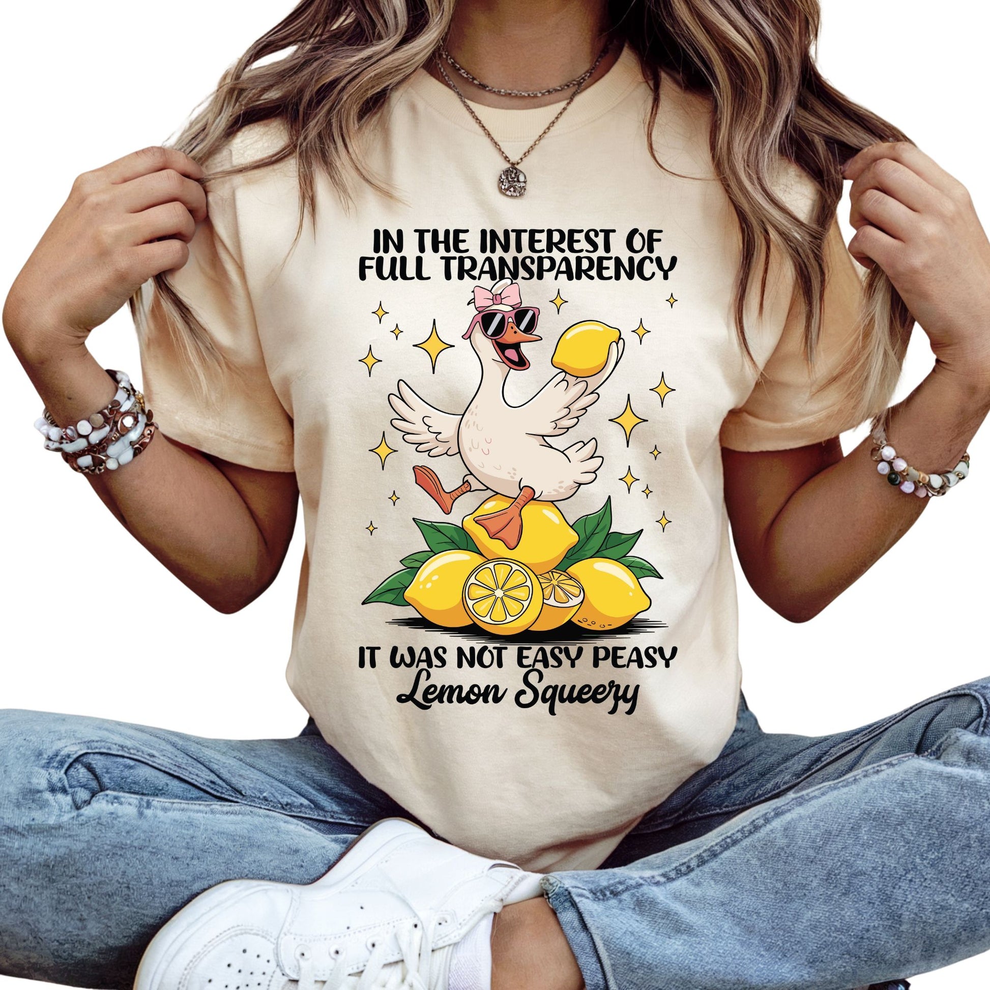 T-Shirt mit Spruch 'Not easy peasy lemon squeezy', Gans mit Sonnenbrille & Zitronen – witziges Sommer-Motiv