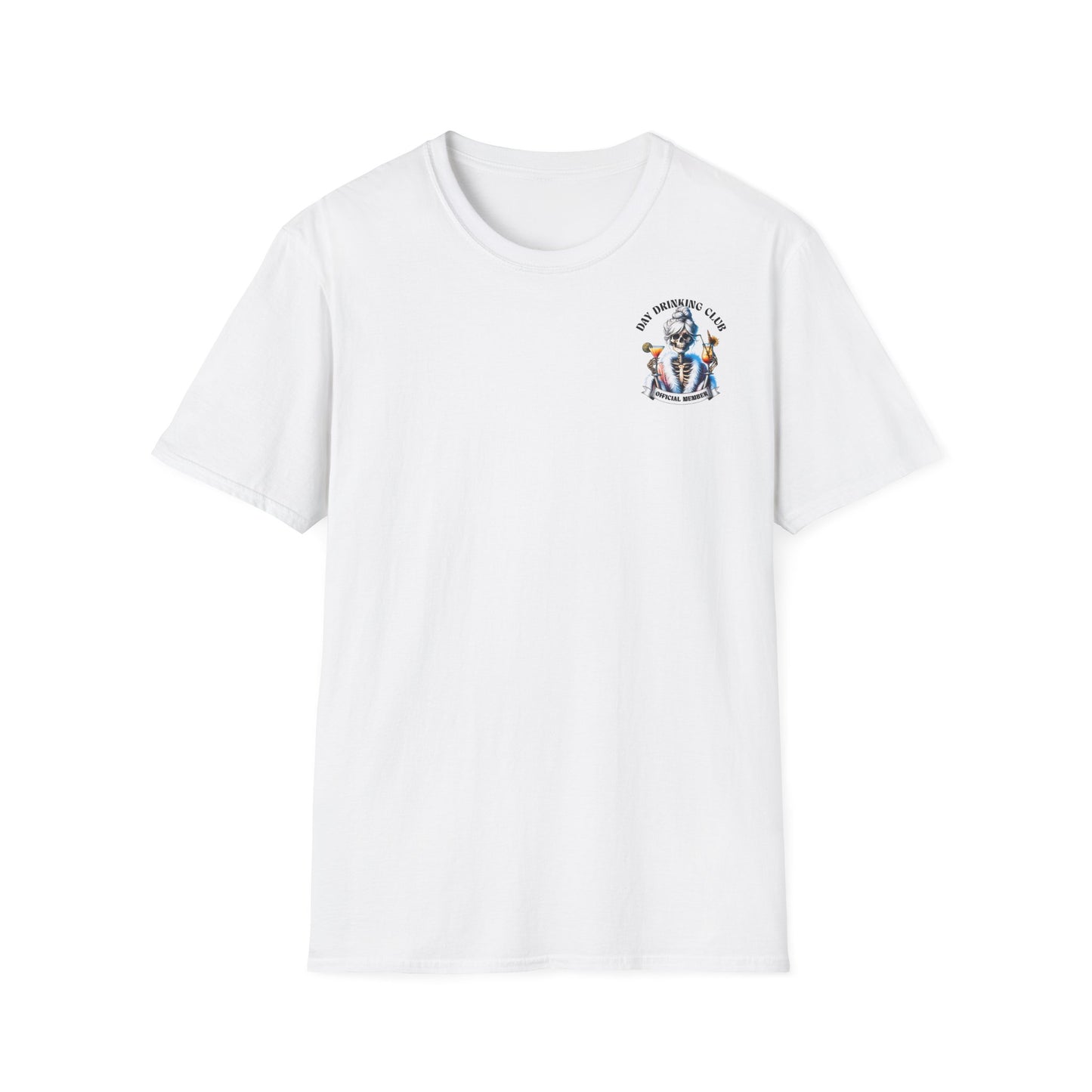 Unisex T-Shirt mit Aufdruck 'Day Drinking Club – Official Member' und Rückseite: Skelett-Dame mit zwei Cocktails