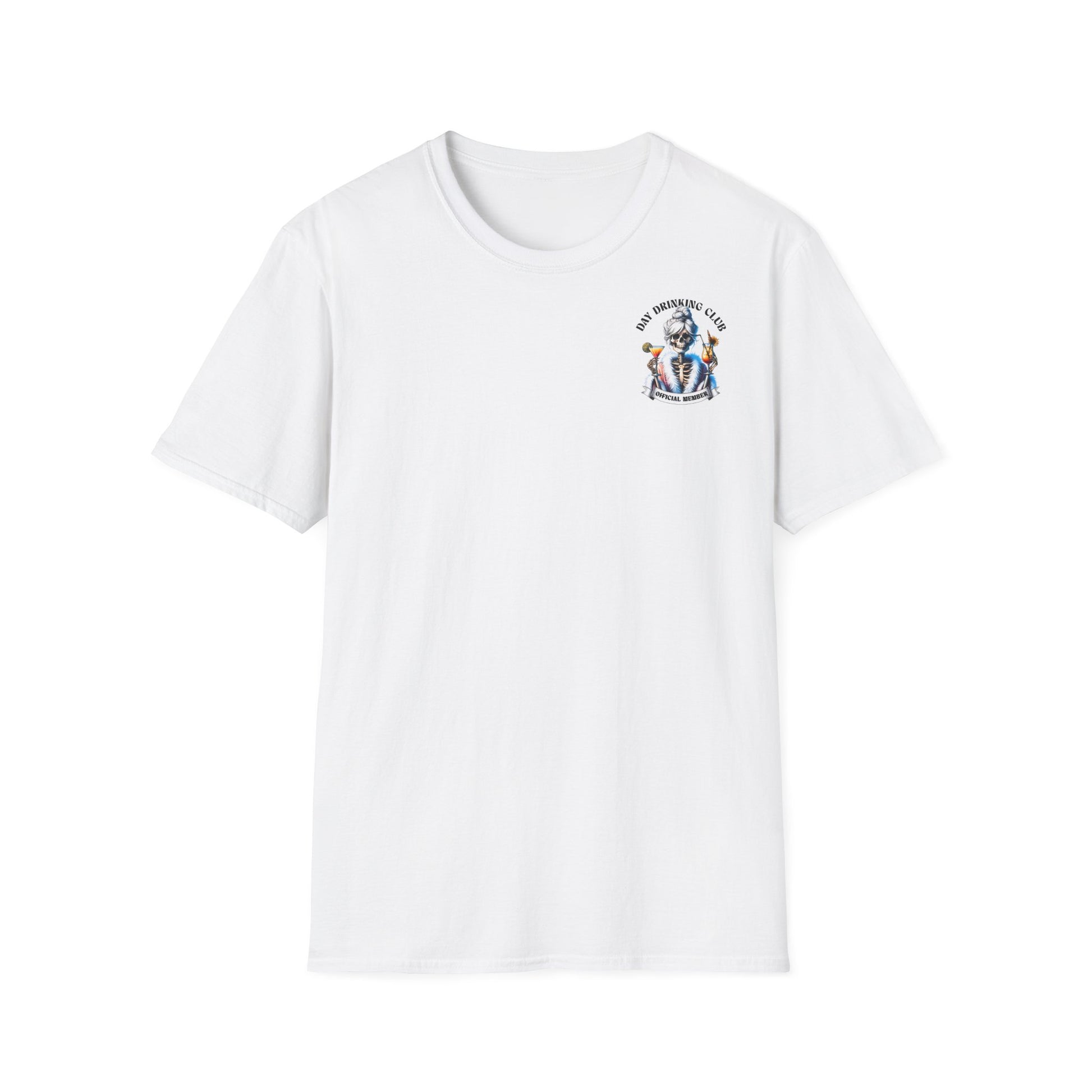 Unisex T-Shirt mit Aufdruck 'Day Drinking Club – Official Member' und Rückseite: Skelett-Dame mit zwei Cocktails