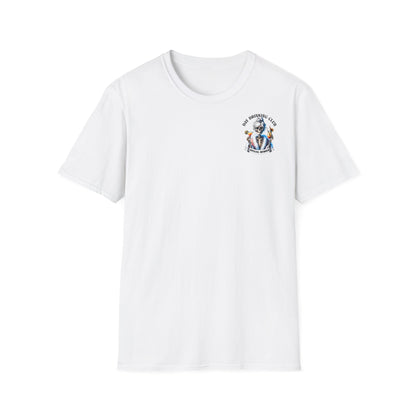 Unisex T-Shirt mit Aufdruck 'Day Drinking Club – Official Member' und Rückseite: Skelett-Dame mit zwei Cocktails