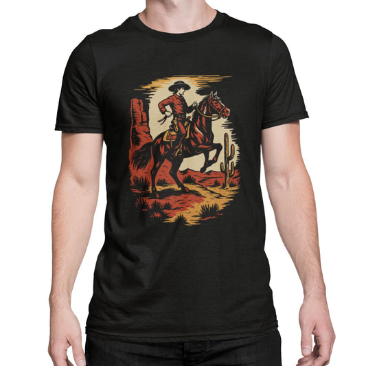 Cowboy T-Shirt Herren mit Pferd Western-Motiv auf schwarzem Stoff