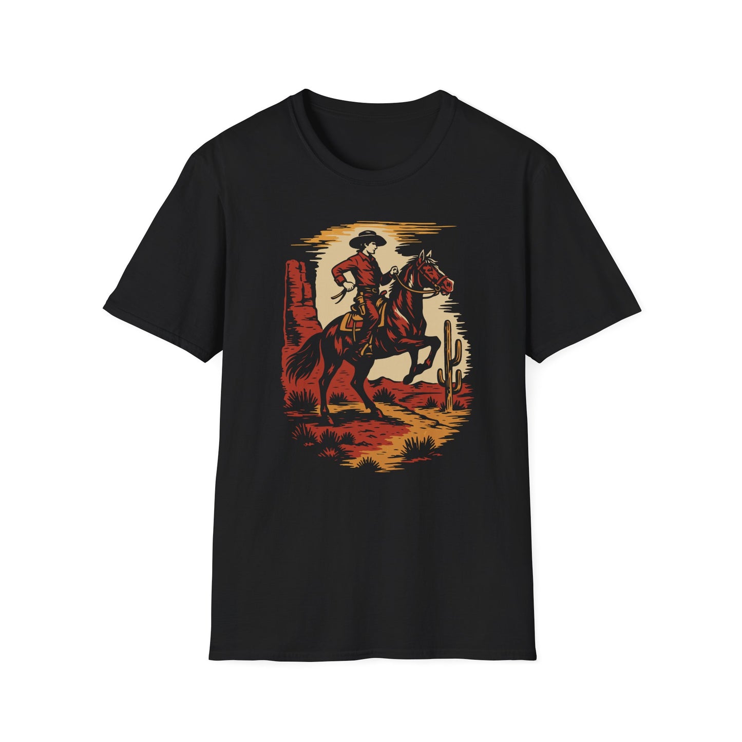 Cowboy T-Shirt Herren mit Pferd Western-Motiv auf schwarzem Stoff