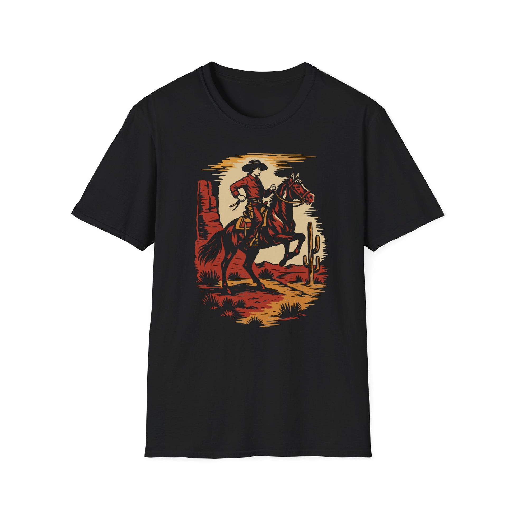 Cowboy T-Shirt Herren mit Pferd Western-Motiv auf schwarzem Stoff