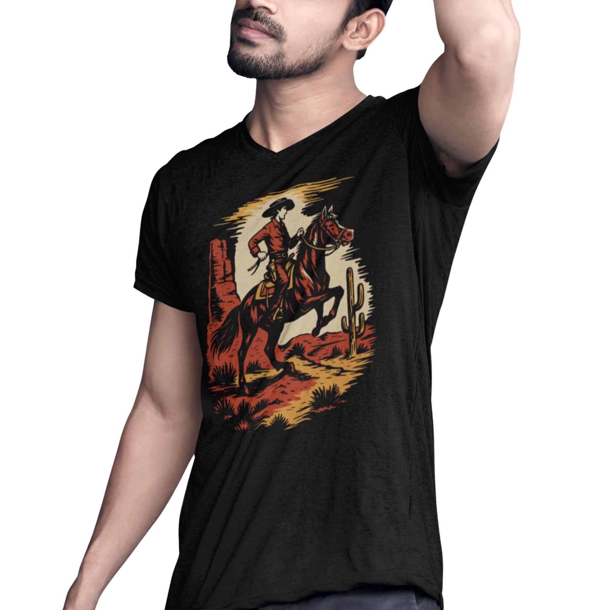 Cowboy T-Shirt Herren mit Pferd Western-Motiv auf schwarzem Stoff