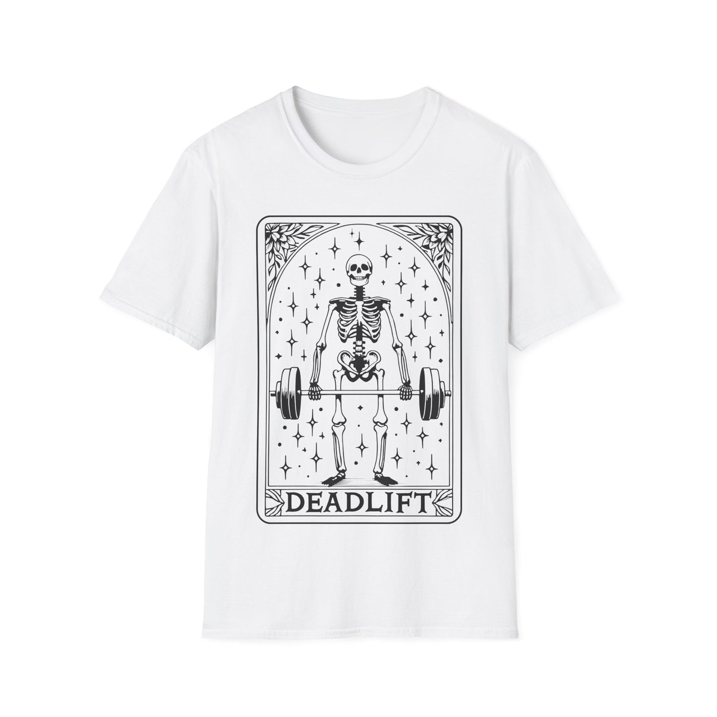Dead Lift T-Shirt – weißes Unisex Shirt mit Tarotkarten Design, Skelett hebt Gewichte im Fitnessstudio