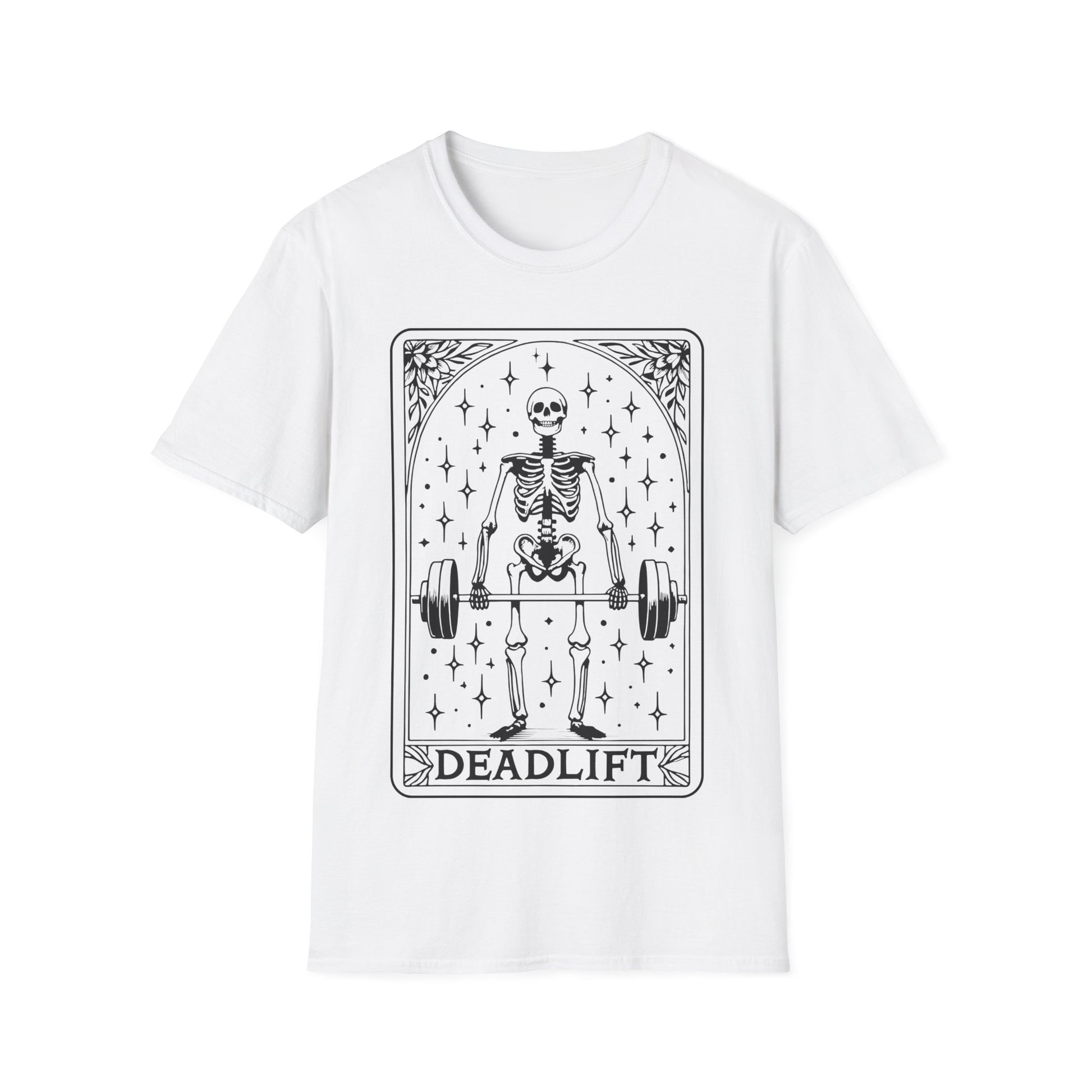 Dead Lift T-Shirt – weißes Unisex Shirt mit Tarotkarten Design, Skelett hebt Gewichte im Fitnessstudio