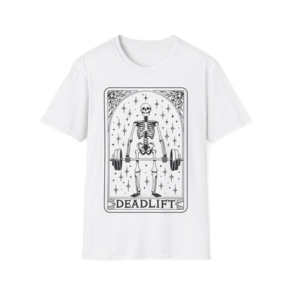 Dead Lift T-Shirt – weißes Unisex Shirt mit Tarotkarten Design, Skelett hebt Gewichte im Fitnessstudio