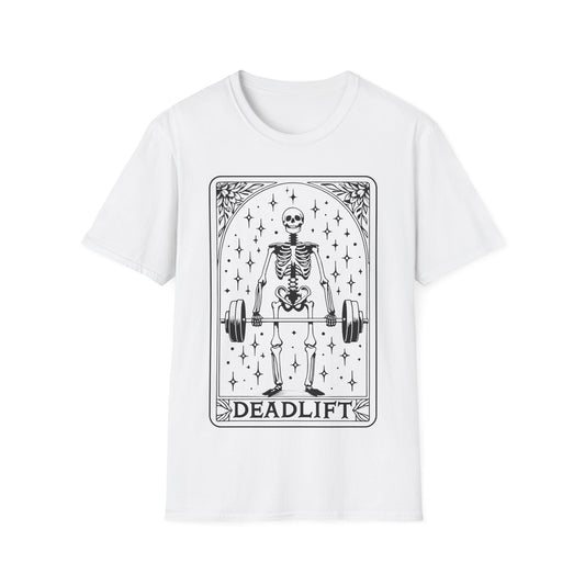 Dead Lift T-Shirt – weißes Unisex Shirt mit Tarotkarten Design, Skelett hebt Gewichte im Fitnessstudio