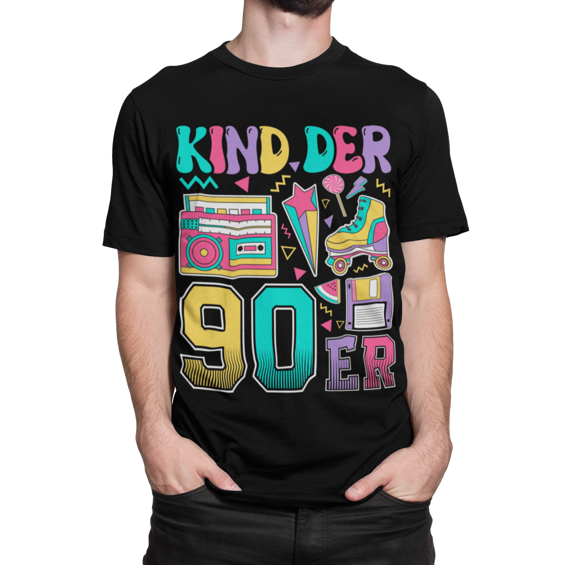 Kinder der 90er T-Shirt in Schwarz – Buntes Retro Funshirt mit Rollschuh, Kassette, Diskette und Bonbon im 90s Vintage Look für Damen & Herren