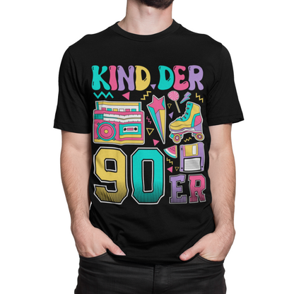 Kinder der 90er T-Shirt in Schwarz – Buntes Retro Funshirt mit Rollschuh, Kassette, Diskette und Bonbon im 90s Vintage Look für Damen & Herren