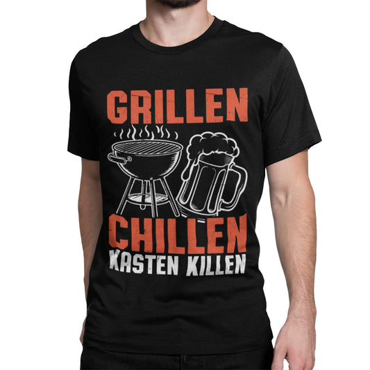 Schwarzes T-Shirt mit Grill, Bierkrug und dem Spruch „Grillen Chillen Kasten Killen“ – perfektes Shirt für Männer, BBQ & Bierfans