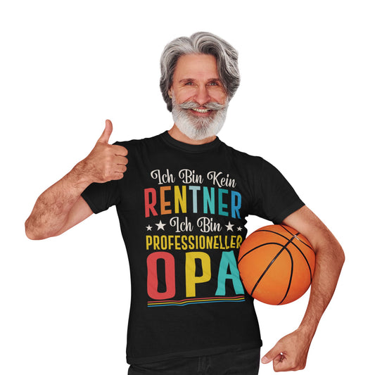 Schwarzes T-Shirt mit buntem Spruch „Ich bin kein Rentner – ich bin professioneller Opa“ als witziges Geschenk für Großväter