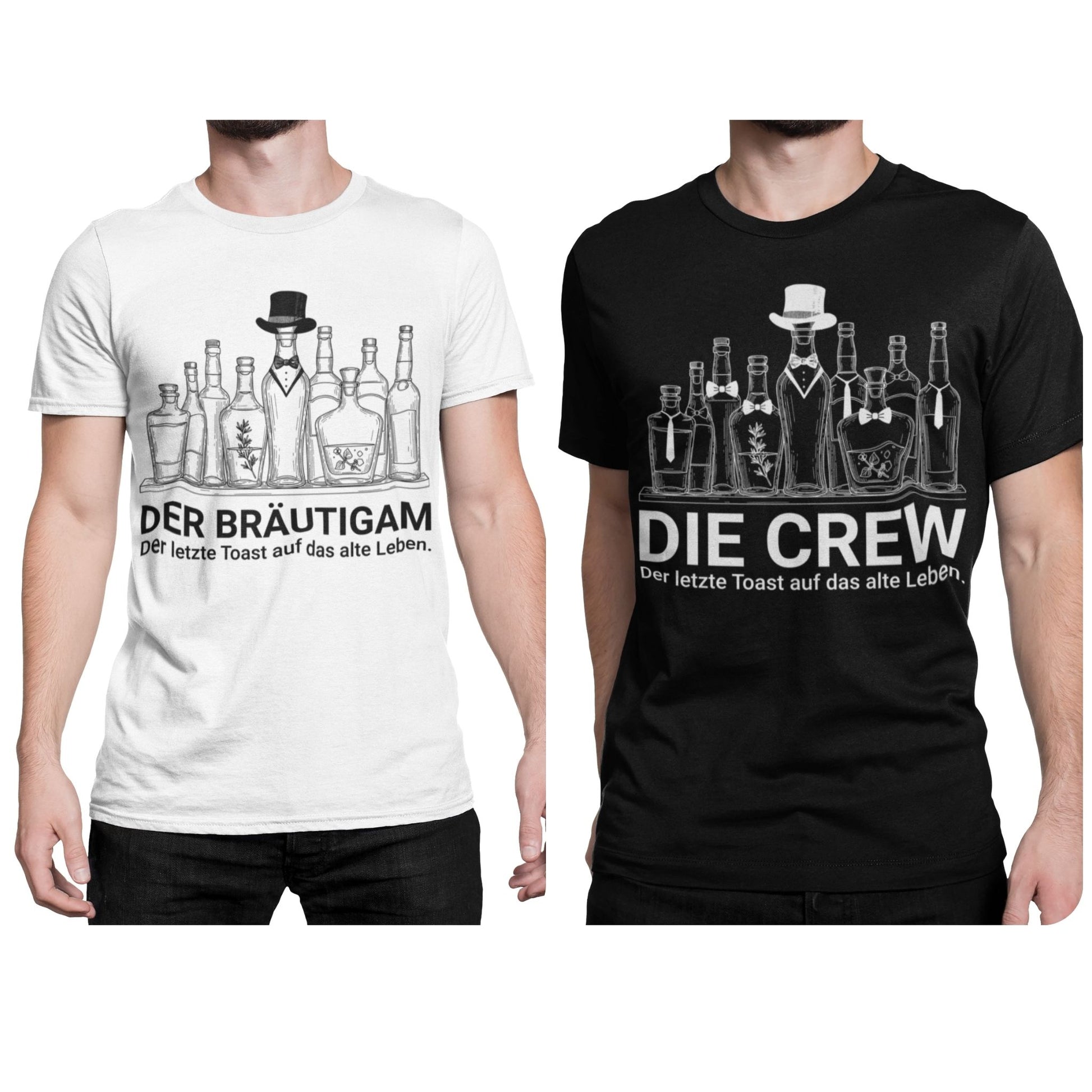 Set - 1. Mann trägt weißes Shirt für den Bräutigam Schriftzug "Der Bräutigam - Der letzte Toast auf das alte Leben" 2. Mann trägt schwarzes Shirt Schriftzug "Die Crew" der letzte Toast auf das alte Leben. Beide sind mit Alkoholfalschen Designe 