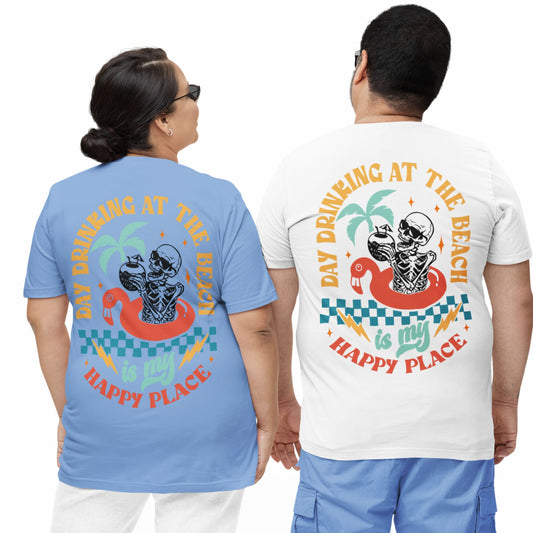 T-Shirt „Day Drinking is my Happy Place“ – Partyshirt mit Skelett & Cocktail