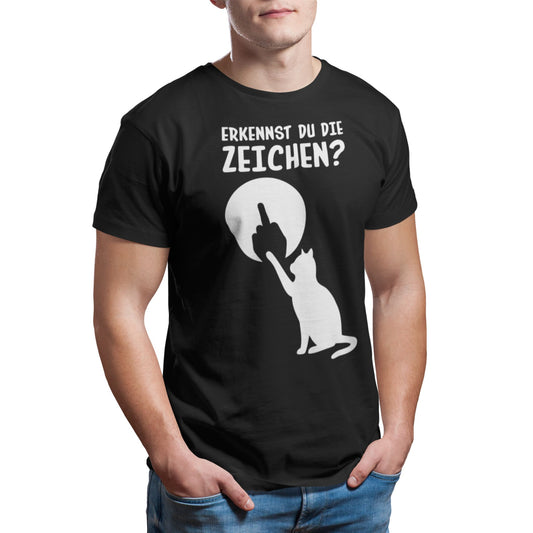 Mann trägt Schwarzes Unisex T-Shirt mit weißer Katze, Spruch „Erkennst du die Zeichen?“ und Mittelfinger-Schatten – lustiges, sarkastisches Shirt für Männer & Frauen