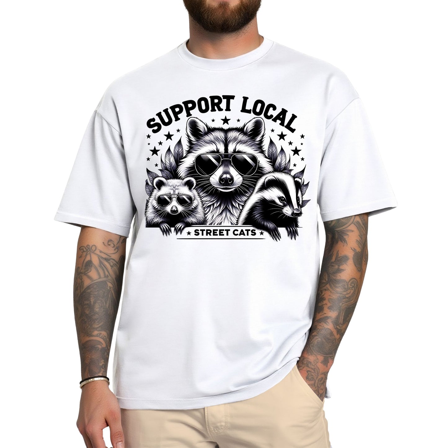 T-Shirt Support Local Street Cats Shirt – Witziges Design. Waschbär & Co. in Gangsterpose ✓ Stylisch & ironisch