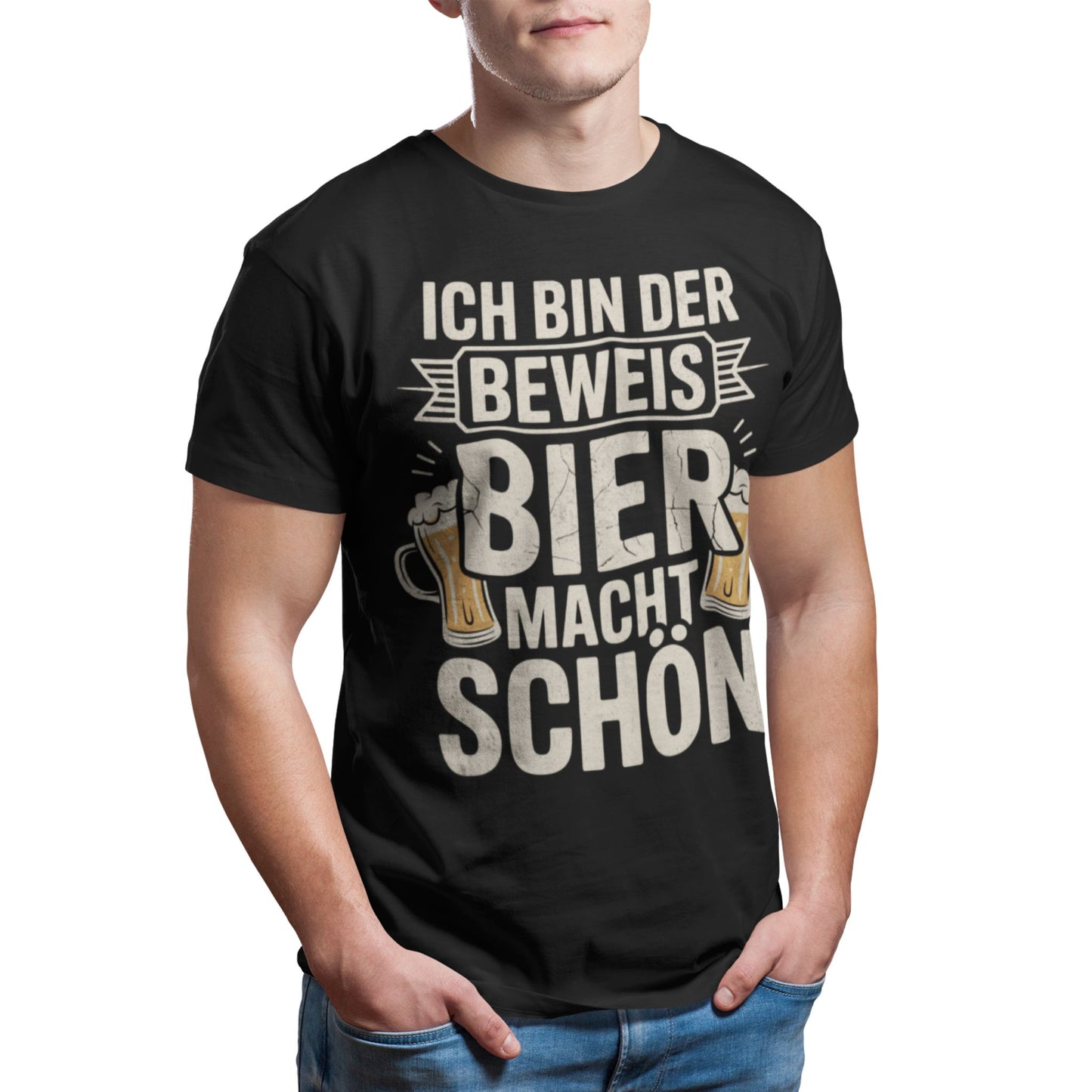 Mann trägt Schwarzes T-Shirt mit Aufdruck "Ich bin der Beweis – Bier macht schön" und zwei Bierkrügen – lustiges Partyshirt für Kneipe, Festival und Ballermann

