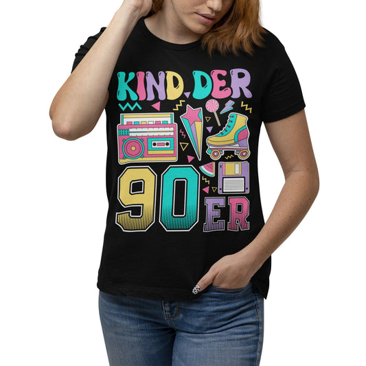 Kinder der 90er T-Shirt in Schwarz – Buntes Retro Funshirt mit Rollschuh, Kassette, Diskette und Bonbon im 90s Vintage Look für Damen & Herren