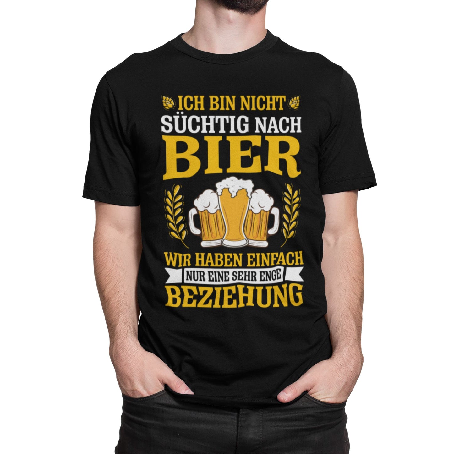 Lustiges Bier T-Shirt – „Ich bin nicht süchtig, nur sehr verbunden“ – Partyshirt für Herren