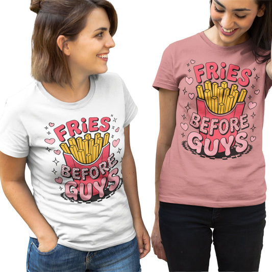 Fries Before Guys T-Shirt in Weiß & Heather Mauve – Lustiges Statement Shirt mit Pommes-Grafik und pinker Schrift für Damen & Herren


