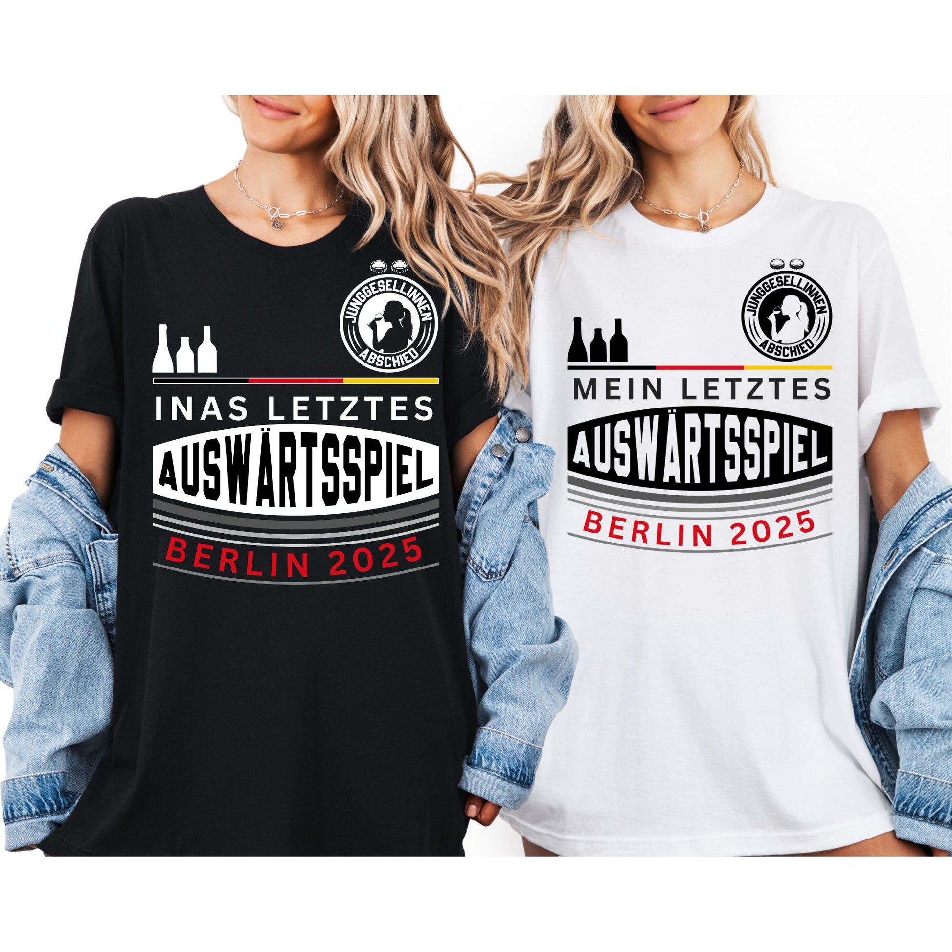 JGA Shirt Set für Frauen – weißes Shirt „Mein letztes Auswärtsspiel“ für die Braut & schwarzes Shirt mit Name und Stadt für die Crew, im Fußballtrikot-Stil mit Kronkorken & Flaschen
