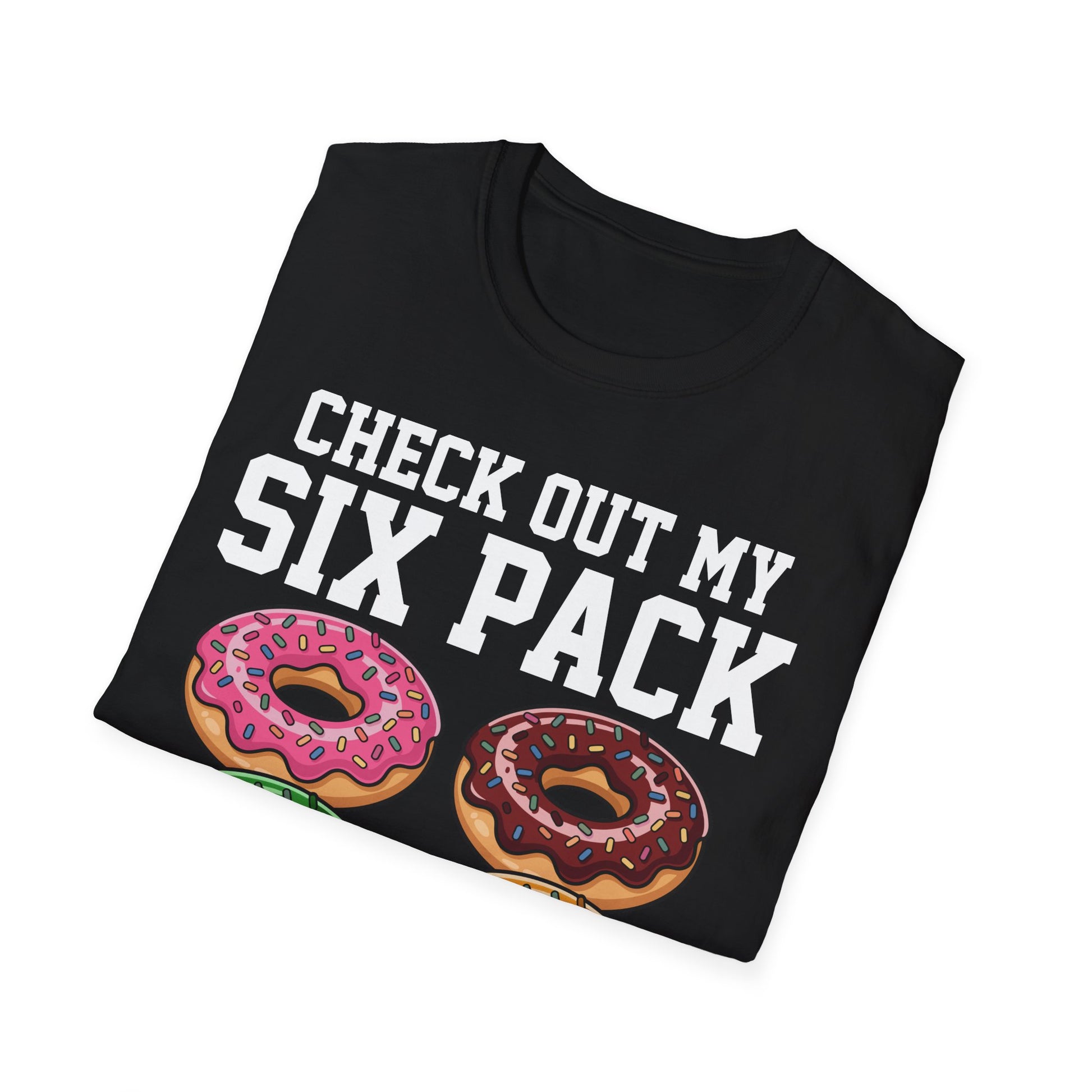 T-Shirt mit Spruch 'Check out my Six Pack' und Donut-Motiv – lustiges Funshirt für Männer und Frauen