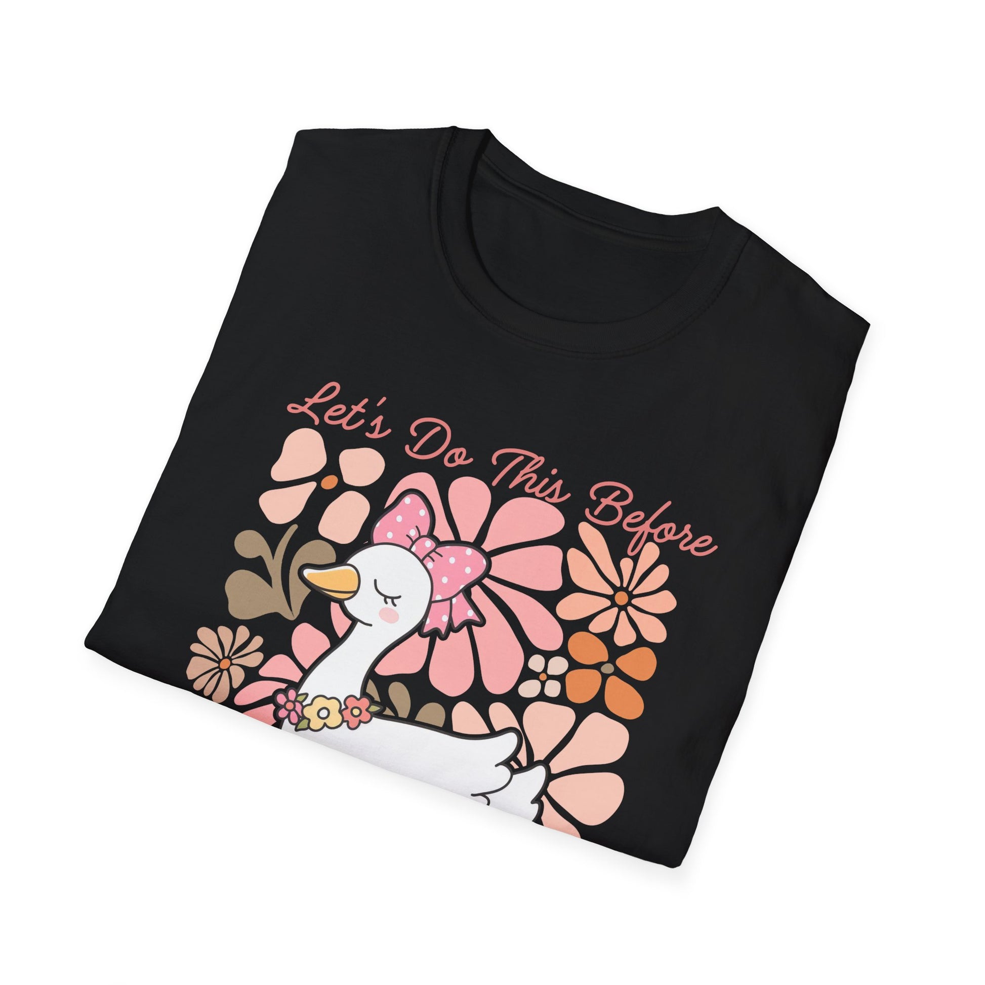 T-Shirt mit Spruch 'Let’s do this before my anxiety kicks in' und süßer Comic-Gans mit Blumen und Gummistiefeln