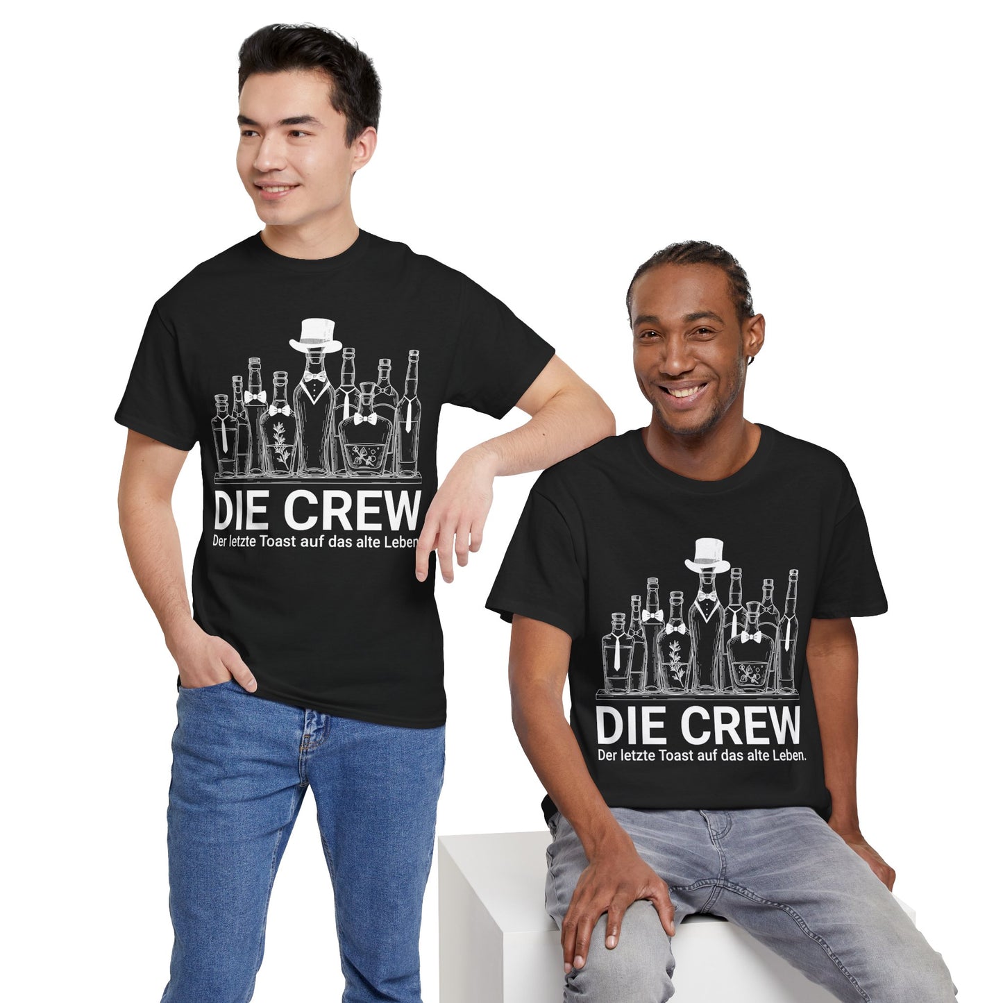 schwarzes Shirt mit weißem Aufdruck "Die Crew" der letzteToast auf das alte Leben und mit Alkohol Flaschen Design