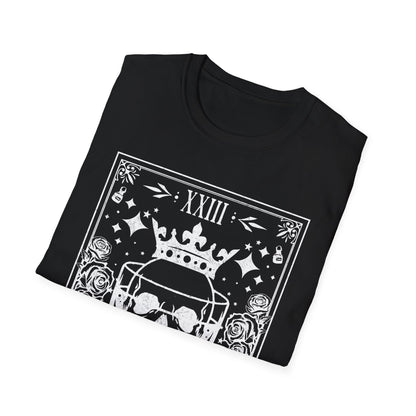 The Drinker Tarot T-Shirt – Unisex Shirt in Schwarz & Weiß mit Totenkopf im Whiskyglas im mystischen Tarotkarten-Stil