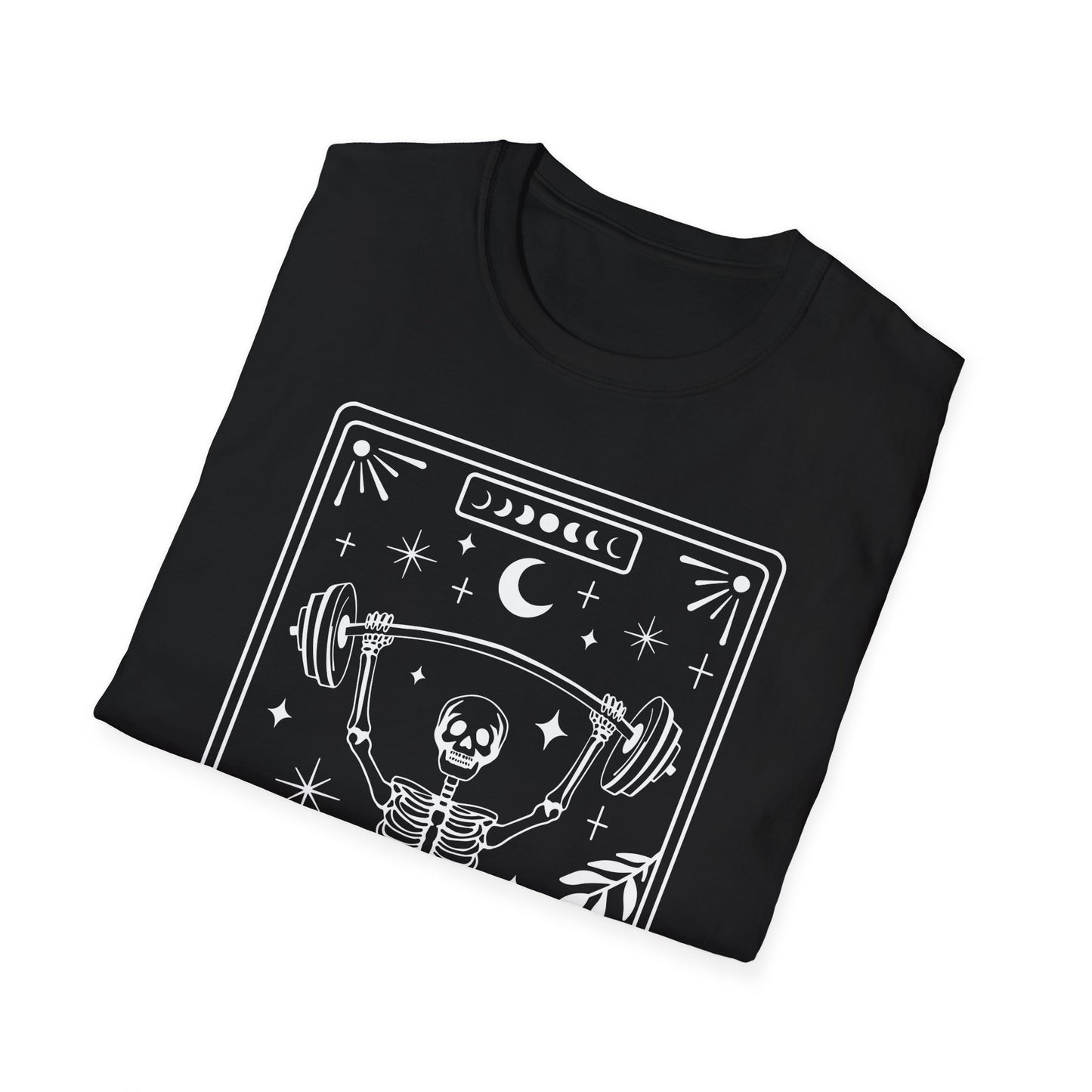 The Gym Lover Tarot T-Shirt – schwarzes Unisex Shirt mit mystischem Fitness-Motiv im Tarotkarten-Stil