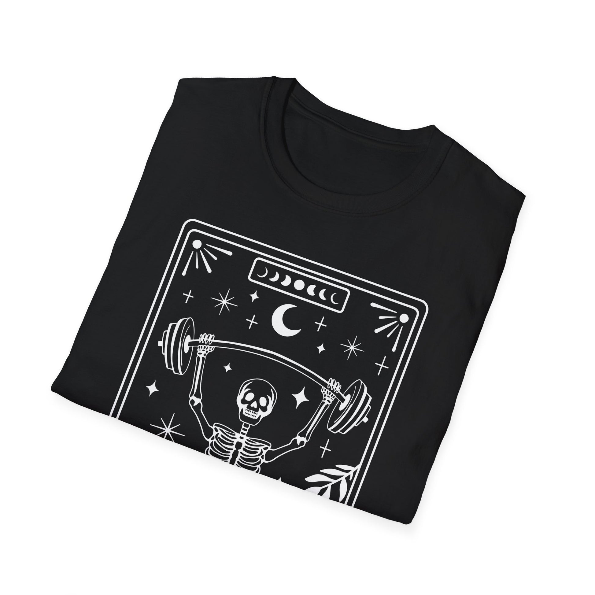 The Gym Lover Tarot T-Shirt – schwarzes Unisex Shirt mit mystischem Fitness-Motiv im Tarotkarten-Stil