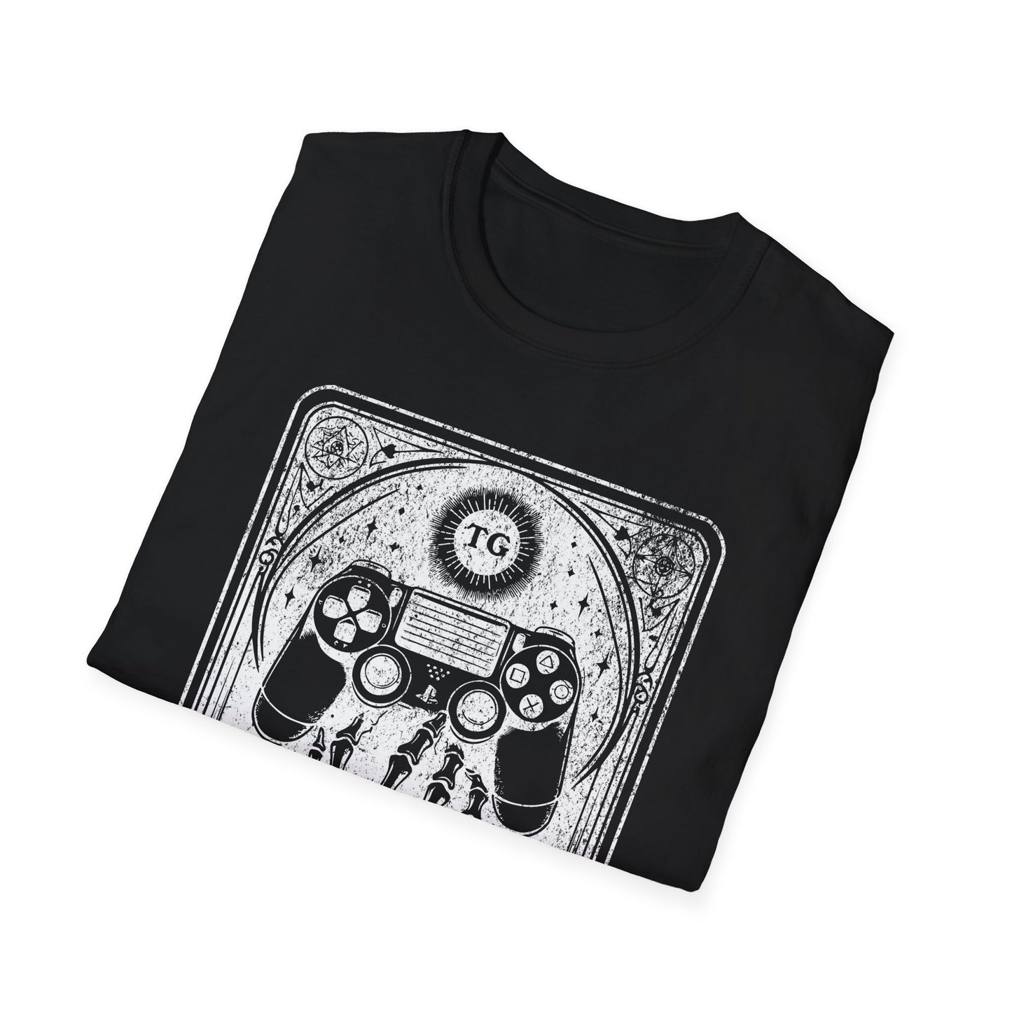The Gamer Tarot T-Shirt – schwarzes Unisex Shirt mit Skelett-Hand, die einen Gaming Controller hält