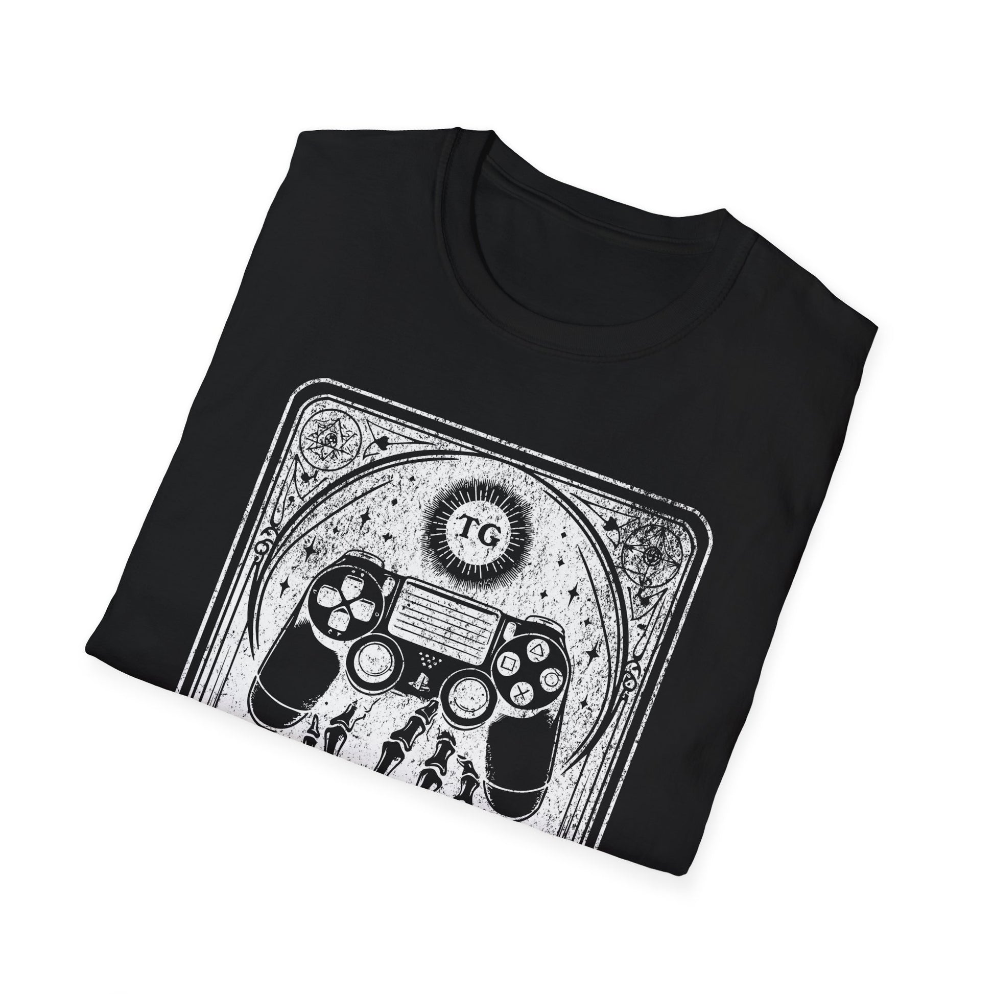 The Gamer Tarot T-Shirt – schwarzes Unisex Shirt mit Skelett-Hand, die einen Gaming Controller hält