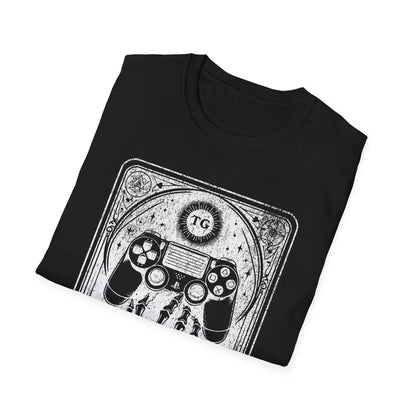 The Gamer Tarot T-Shirt – schwarzes Unisex Shirt mit Skelett-Hand, die einen Gaming Controller hält