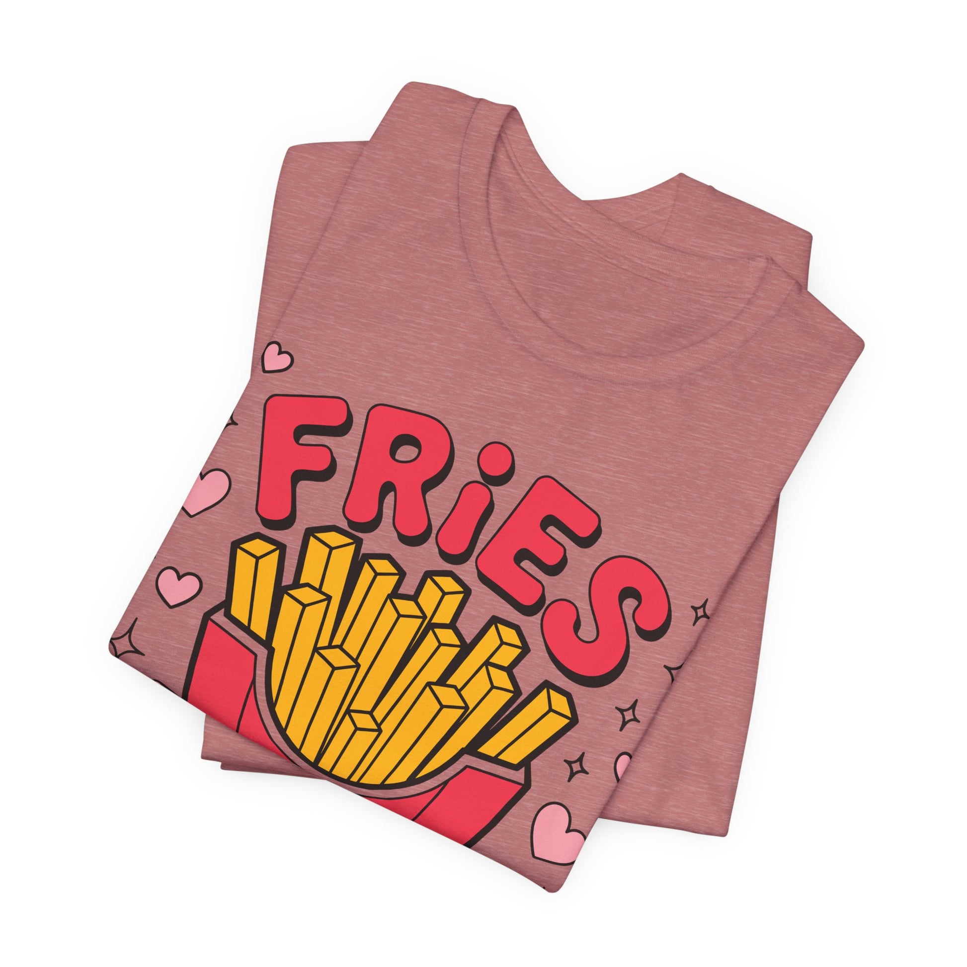 Fries Before Guys T-Shirt in Heather Mauve– Lustiges Statement Shirt mit Pommes-Grafik und pinker Schrift für Damen & Herren gefaltene Version - Druckqualität gut zu sehen

