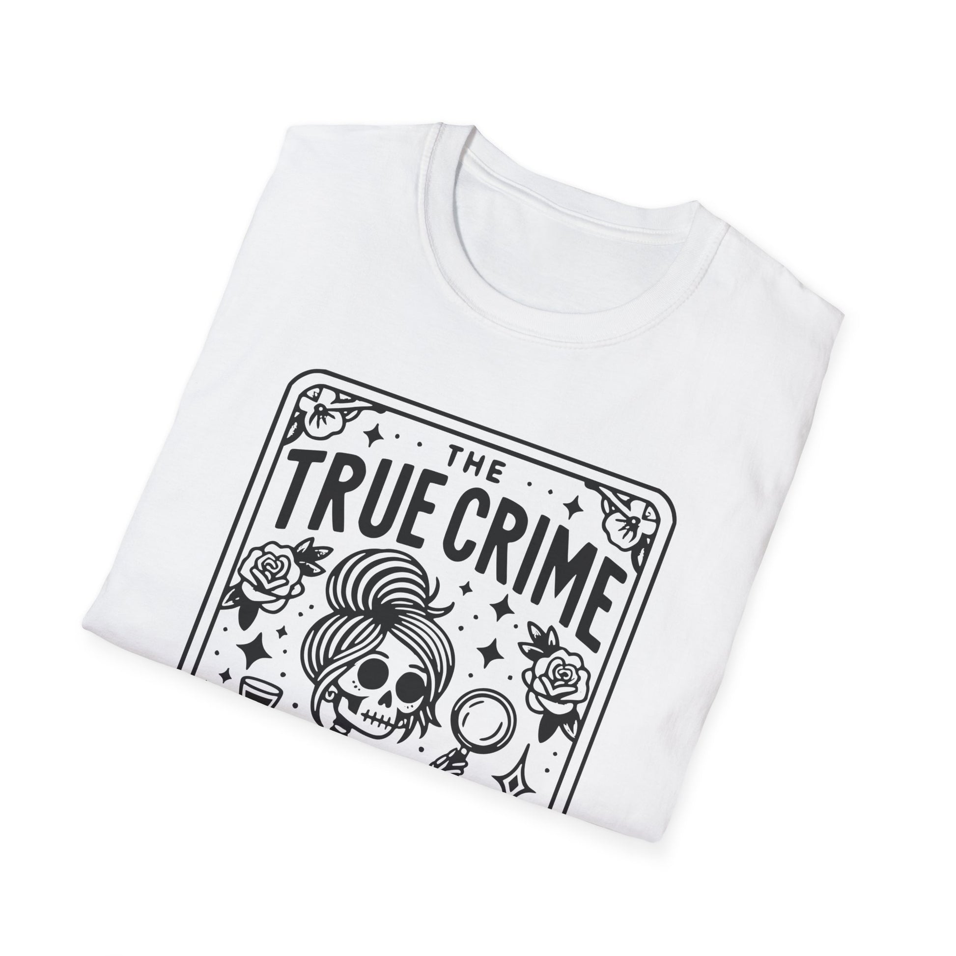 True Crime Junkie T-Shirt – schwarzes Unisex Shirt mit weißem Print für Crime-Fans und Krimi-Liebhaber:innen
