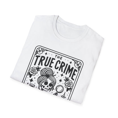 True Crime Junkie T-Shirt – schwarzes Unisex Shirt mit weißem Print für Crime-Fans und Krimi-Liebhaber:innen