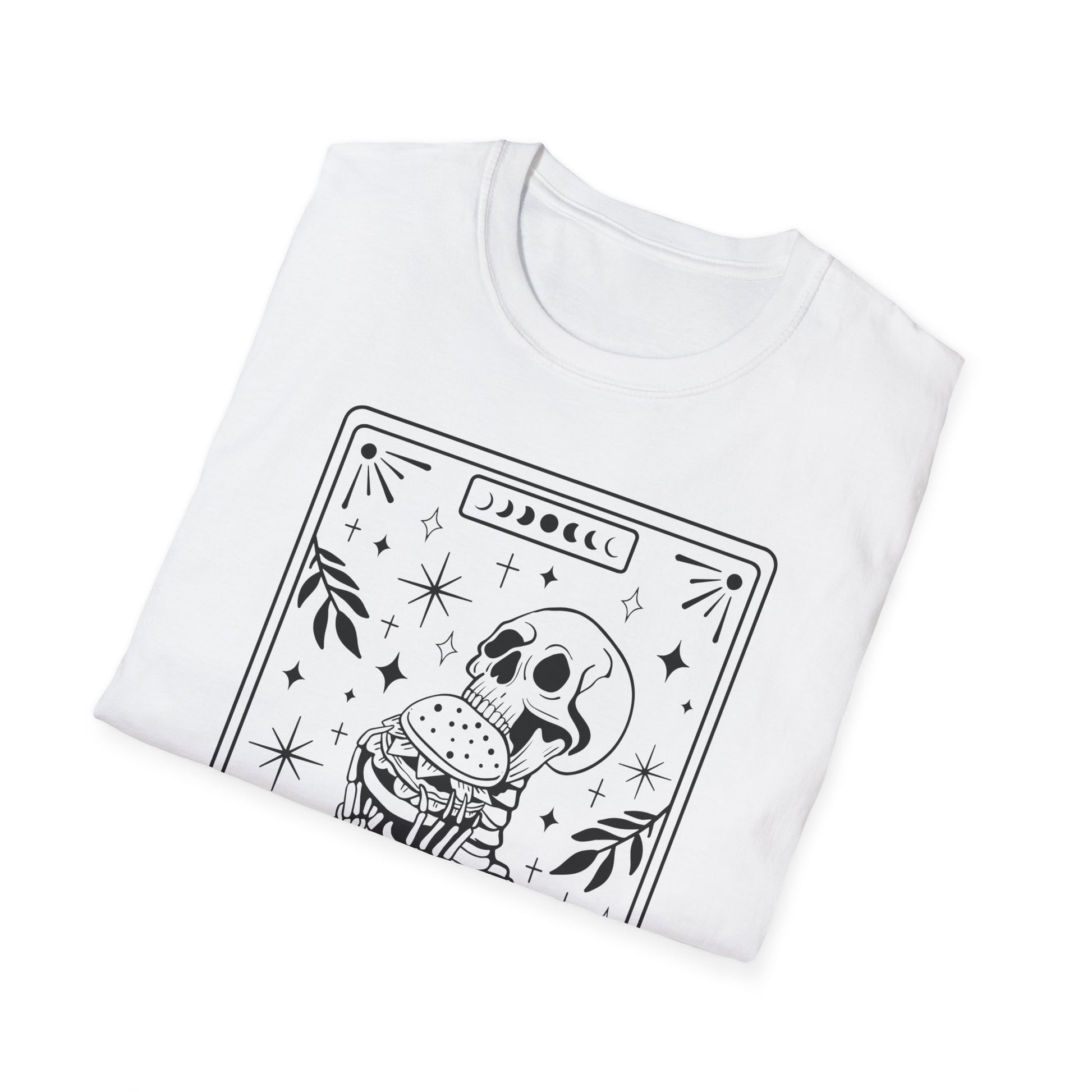 The Food Lover Tarot T-Shirt – weißes Unisex Shirt mit Skelett, das einen Burger isst im Tarotkarten-Stil