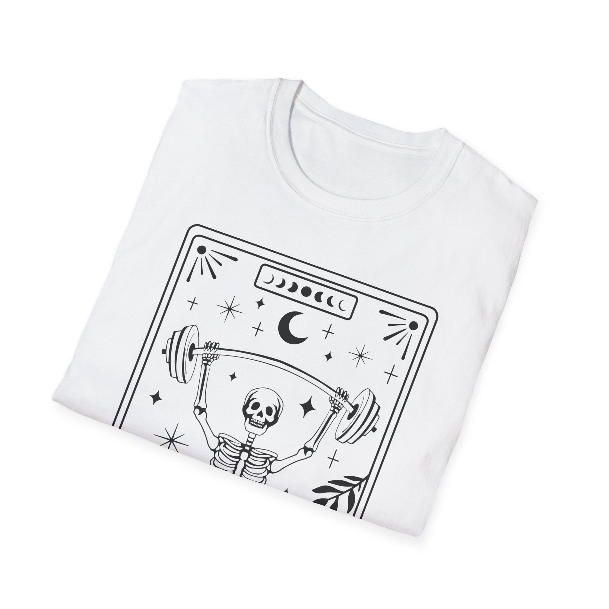 The Gym Lover Tarot T-Shirt – schwarzes Unisex Shirt mit mystischem Fitness-Motiv im Tarotkarten-Stil