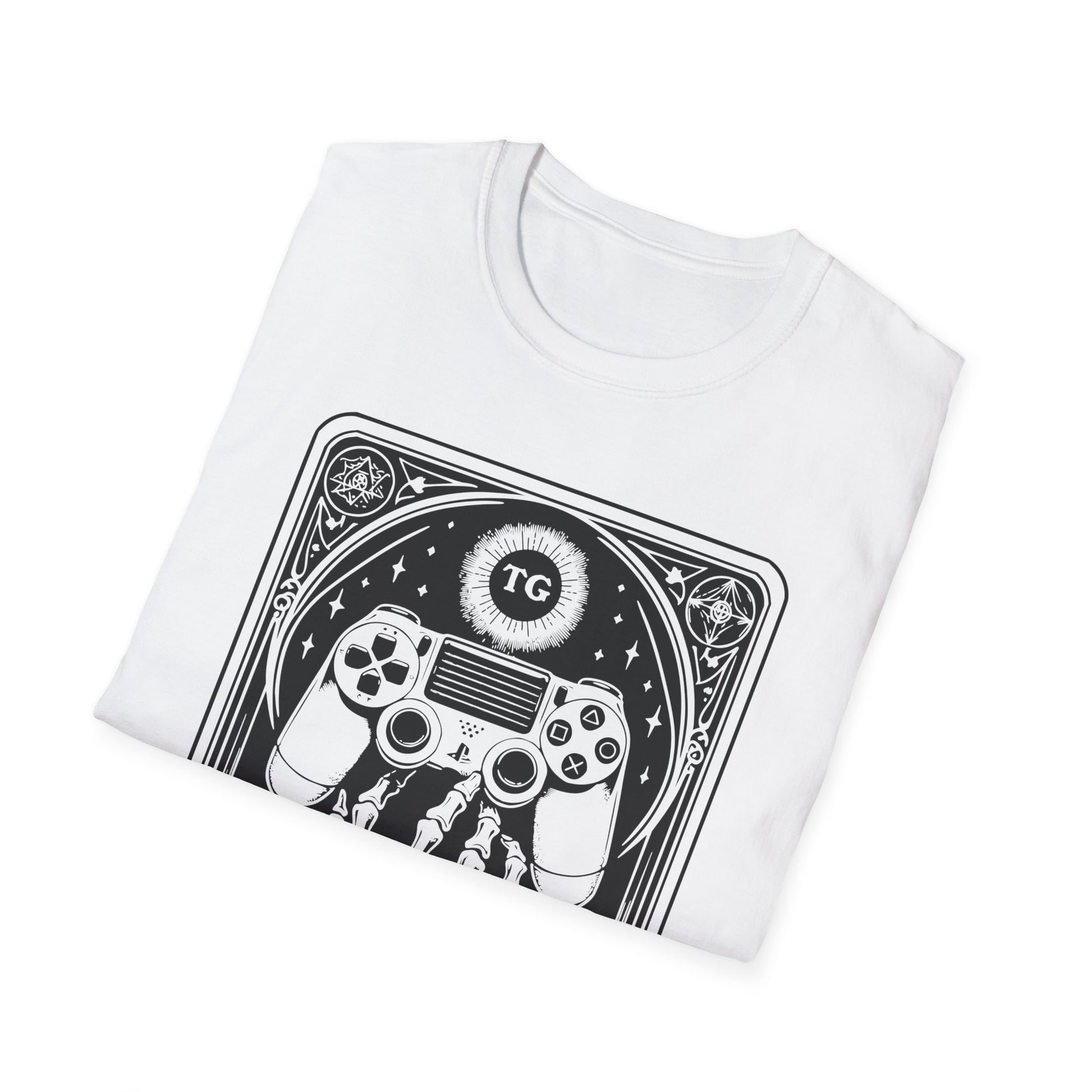 The Gamer Tarot T-Shirt – schwarzes Unisex Shirt mit Skelett-Hand, die einen Gaming Controller hält