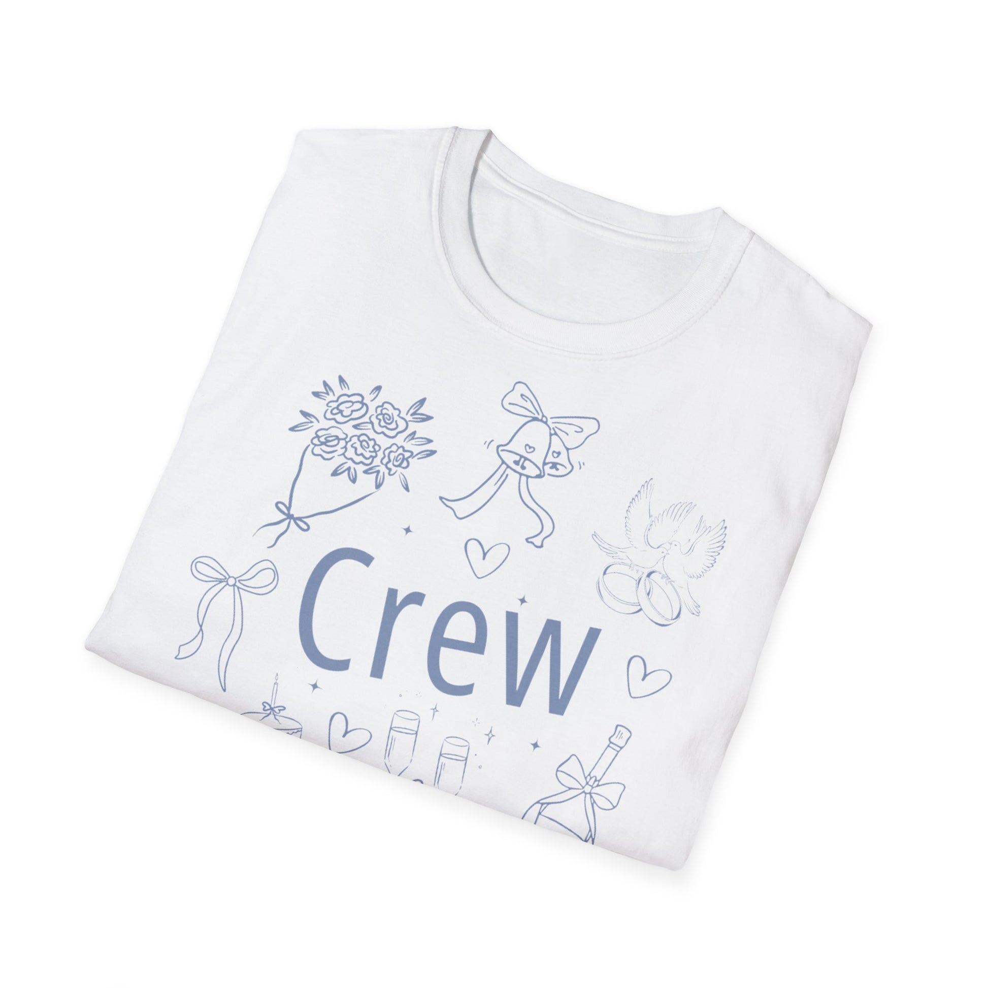 JGA T-Shirt Set mit„Crew“-Aufdruck – schlichte Hochzeitsmotive wie Ringe, Schleife, Sektgläser – weißes T-Shirt für Frauen - gefalten