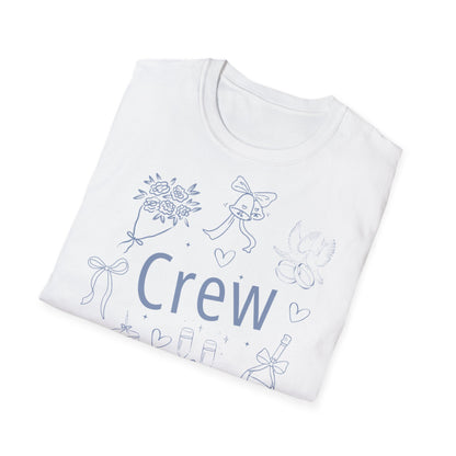 JGA T-Shirt Set mit„Crew“-Aufdruck – schlichte Hochzeitsmotive wie Ringe, Schleife, Sektgläser – weißes T-Shirt für Frauen - gefalten