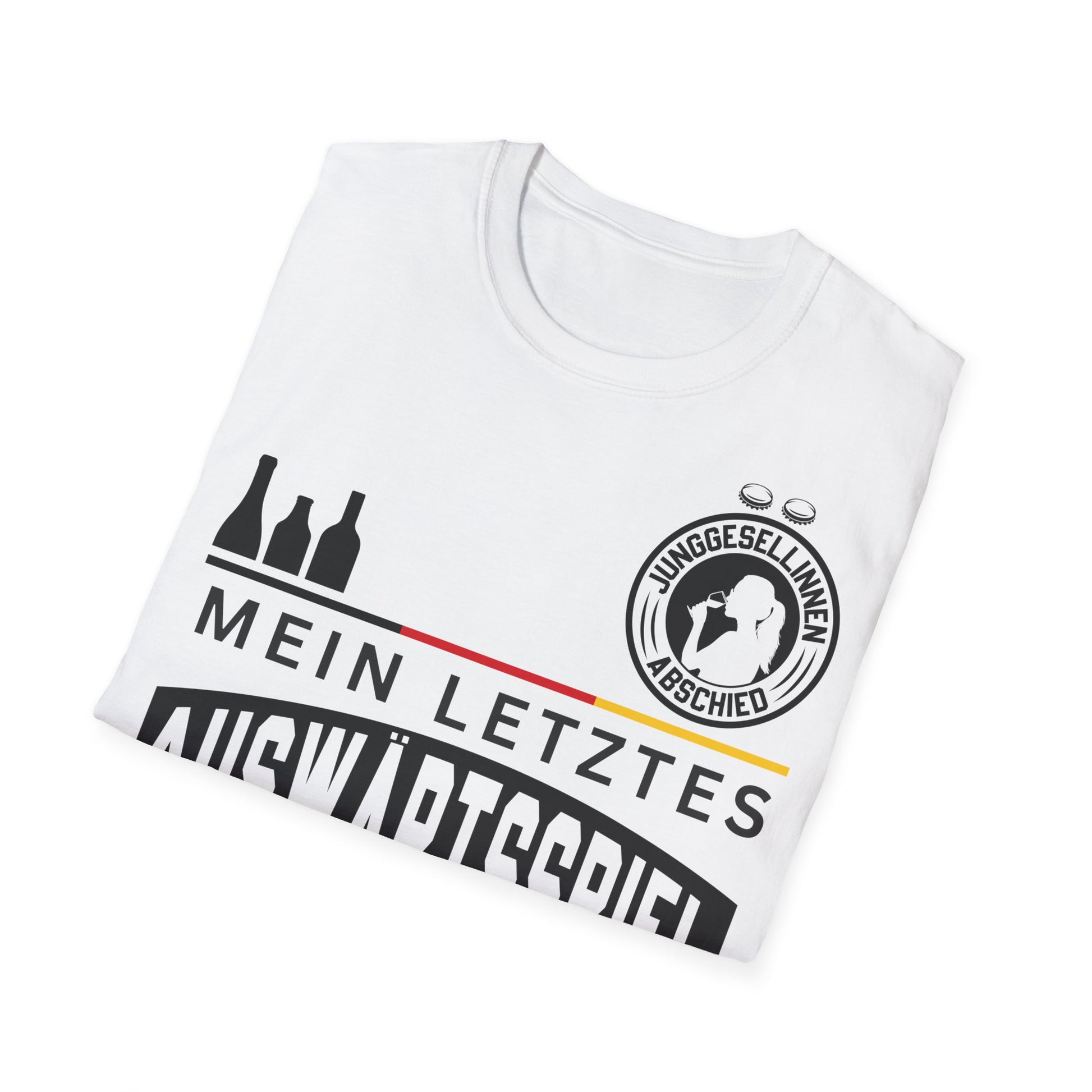„Junggesellinnenabschied T-Shirt mit Aufdruck ‚Mein letztes Auswärtsspiel‘ – weißes Shirt mit Bierflaschen, Deutschlandstreifen und JGA-Logo für Frauen“