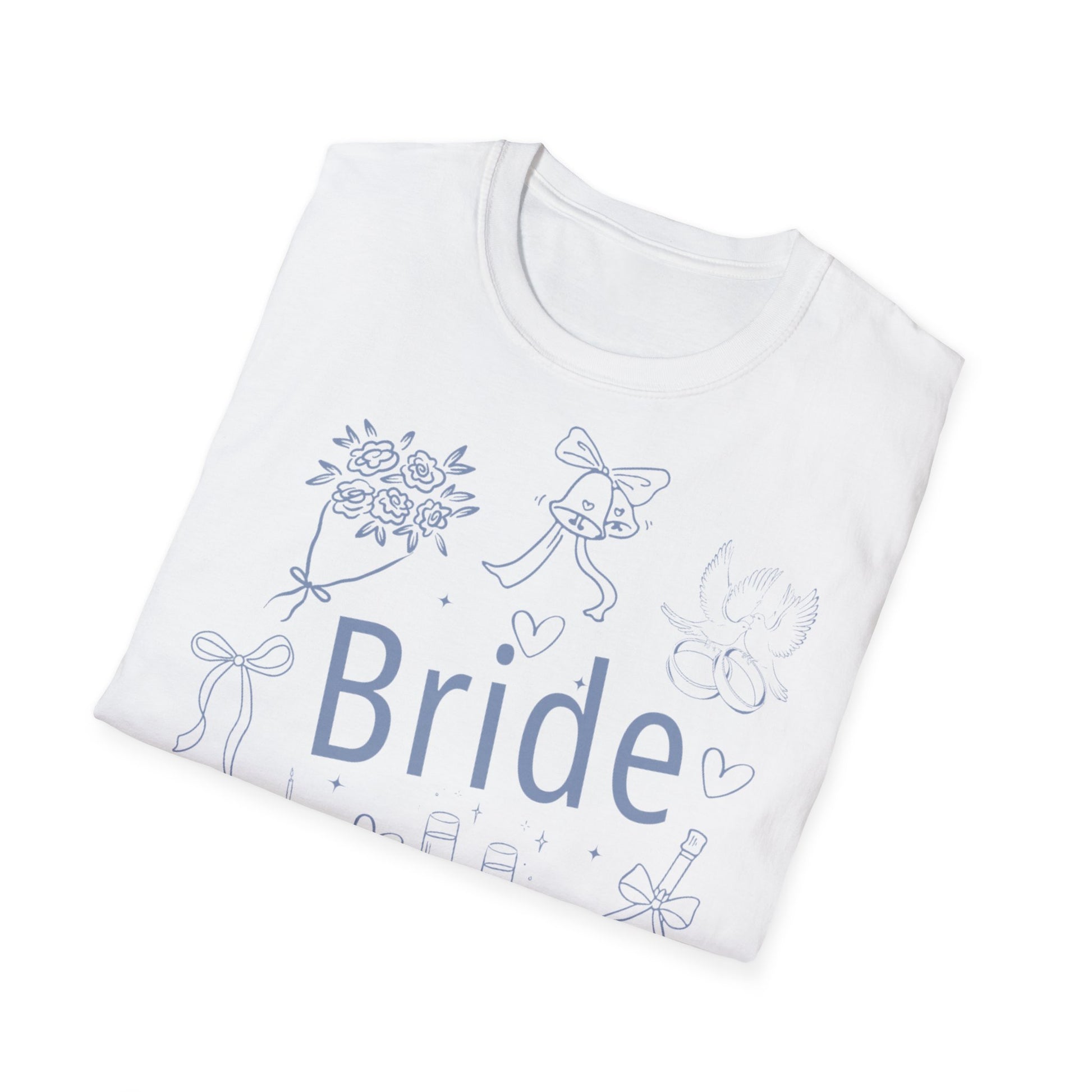 JGA T-Shirt Set mit „Bride“Aufdruck – schlichte Hochzeitsmotive wie Ringe, Schleife, Sektgläser – weißes T-Shirt für Frauen - gefalten