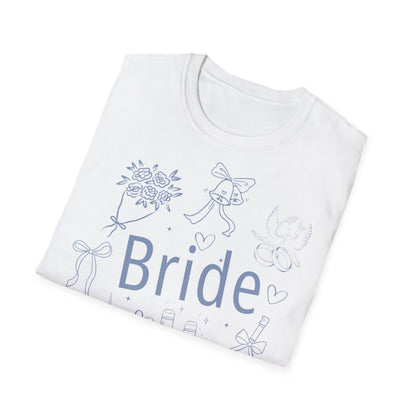 JGA T-Shirt Set mit „Bride“Aufdruck – schlichte Hochzeitsmotive wie Ringe, Schleife, Sektgläser – weißes T-Shirt für Frauen - gefalten