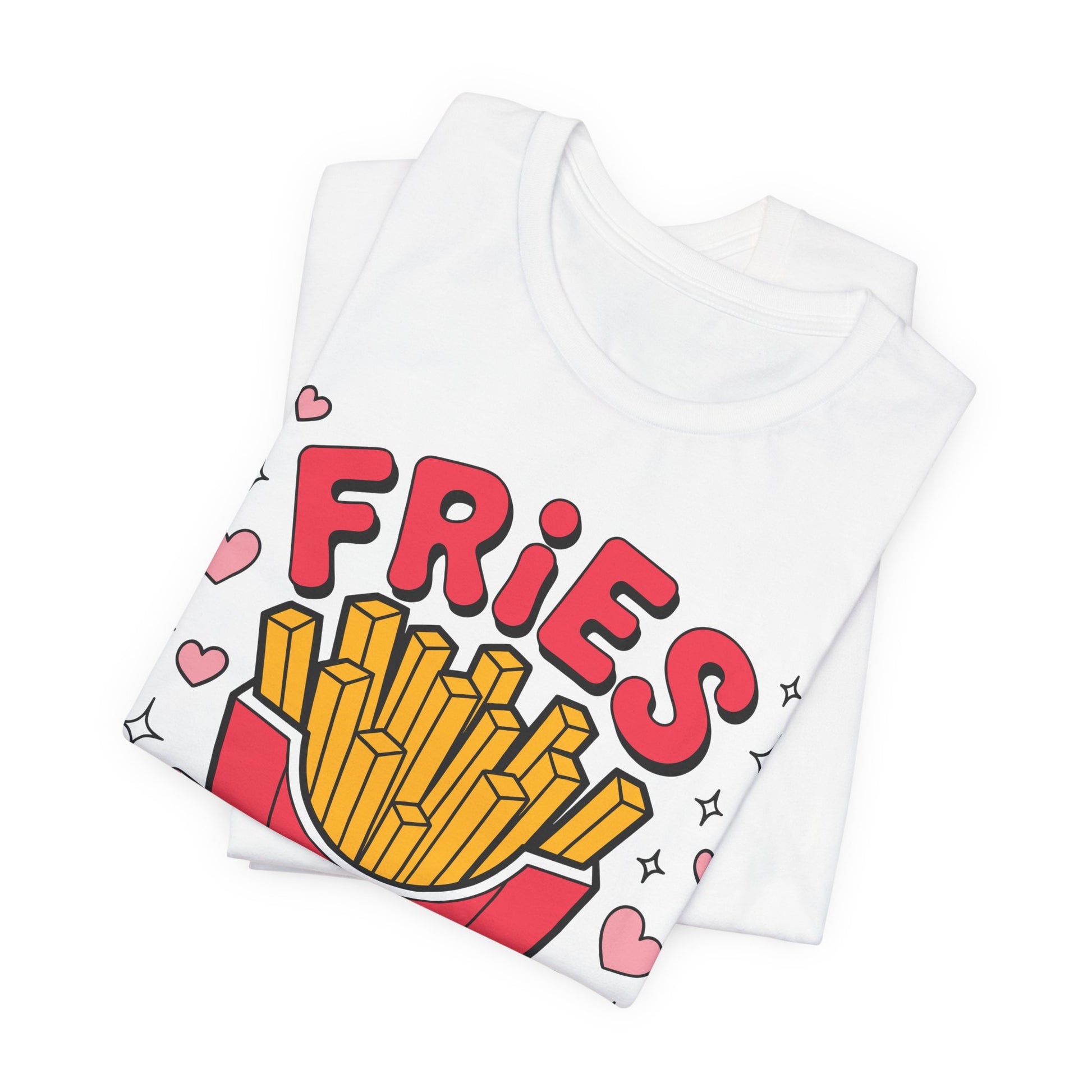 Fries Before Guys T-Shirt in Weiß – Lustiges Statement Shirt mit Pommes-Grafik und pinker Schrift für Damen & Herren gefaltene Version - Druckqualität gut zu sehen

