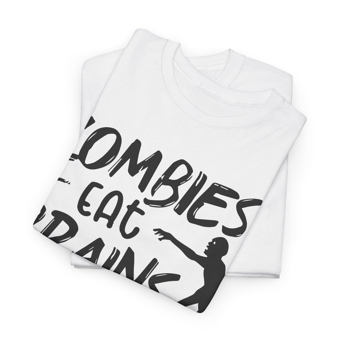 Schwarzes T-Shirt mit weißem Aufdruck: „Zombies eat brains – you're safe“ und stilisierter Zombie-Grafik. Humorvolles Unisex-Shirt mit sarkastischem Spruch.