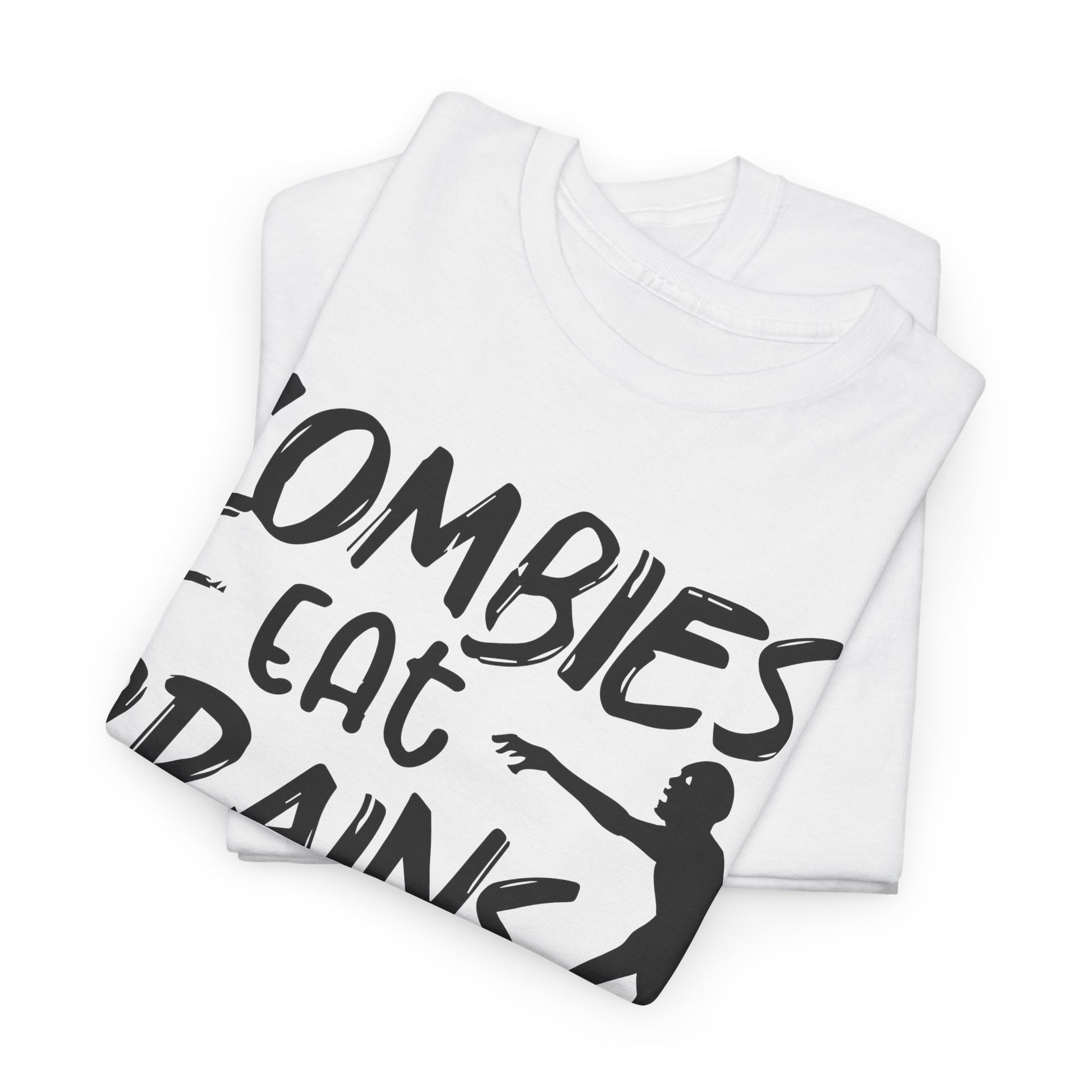 Schwarzes T-Shirt mit weißem Aufdruck: „Zombies eat brains – you're safe“ und stilisierter Zombie-Grafik. Humorvolles Unisex-Shirt mit sarkastischem Spruch.