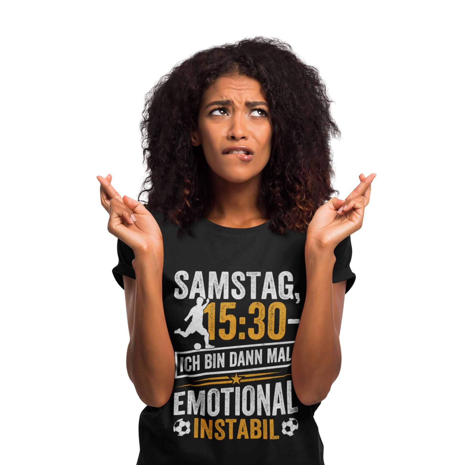 T-Shirt mit Aufdruck 'Samstag 15:30 – Ich bin dann mal emotional instabil' – witziges Fußball Funshirt für Bundesliga-Fans