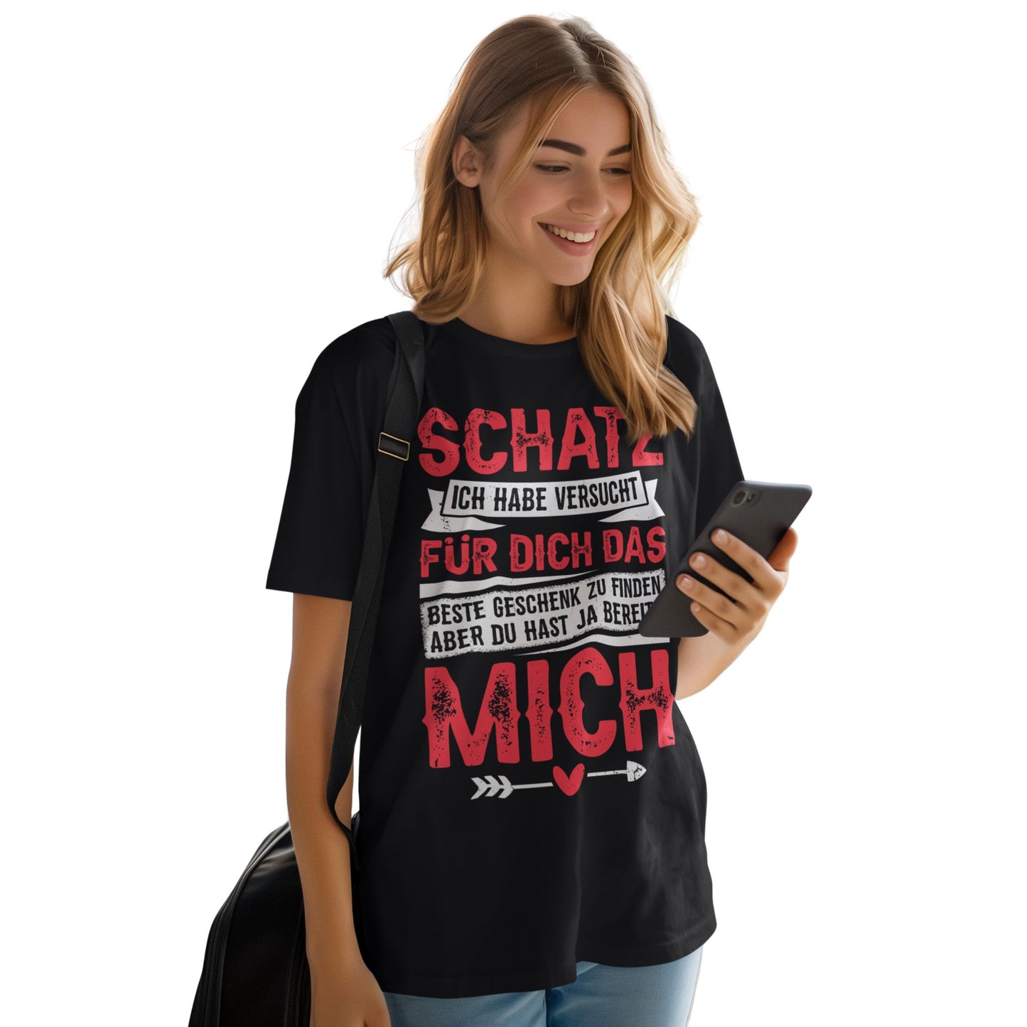 T-Shirt mit Spruch 'Ich habe versucht, das beste Geschenk zu finden – aber du hast ja bereits mich' – humorvolles Pärchenshirt